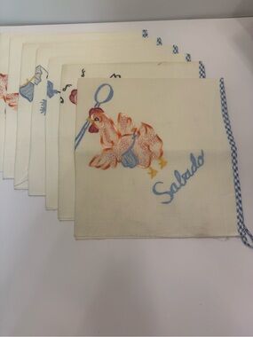 Vintage Embroidered Chicken Kitchen Towels Days of the Week in Spanish Blue Trim